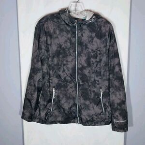 Free Country Womens Jacket Sz M Black Gray TieDye Soft Shell Hooded Fleece Lined